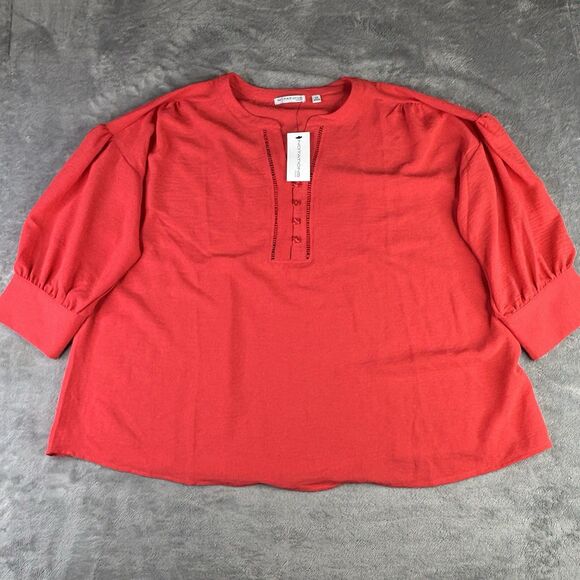 Notations Top Womens 2X Coral Red Button‎ V-Neck Pullover Short Sleeve New - Picture 1 of 14
